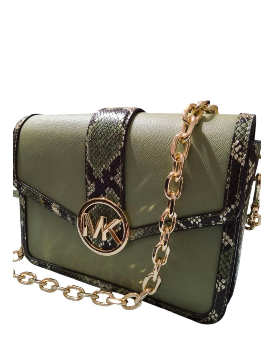 Michael Kors Carmen Sage Green Python Snake Print Flap Shoulder Crossbody Bag